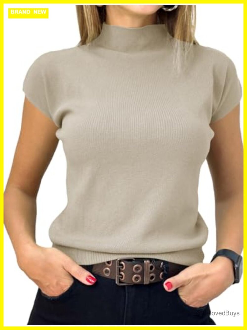 Womens Short Sleeve Mock Neck Ribbed Knit Pullover Sweater Top